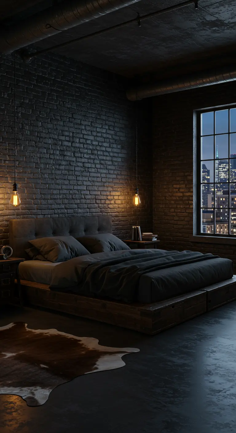 Dormitorio oscuro con paredes de ladrillo negro y bombillas Edison colgantes