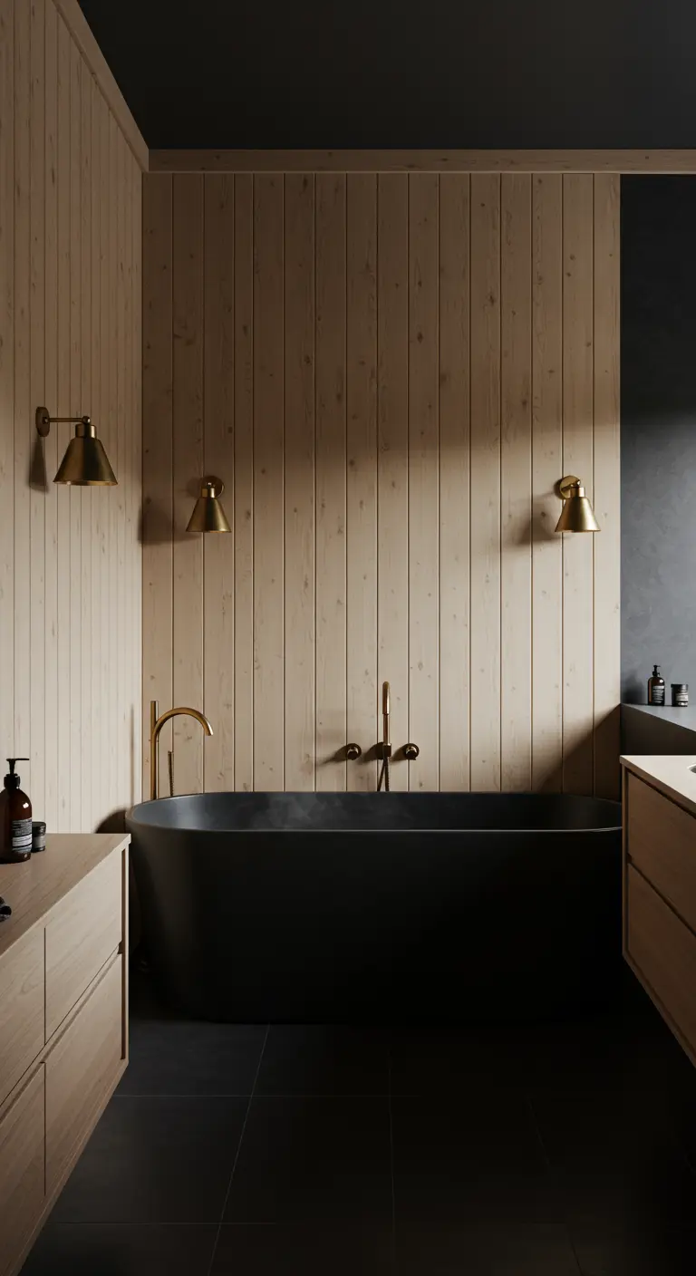 Baño oscuro y elegante con bañera negra, paredes de madera y apliques dorados.