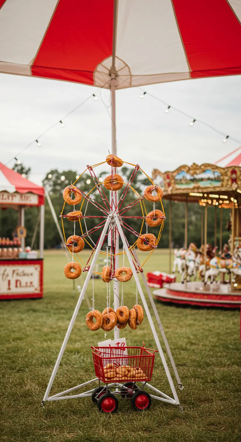 Pequeña noria blanca y roja que sostiene donuts, en una boda con temática de feria.