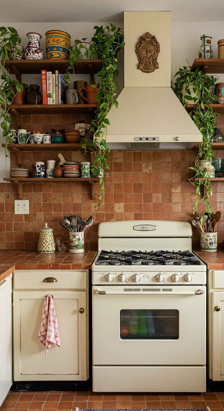 Cocina retro con azulejos de terracota, estufa vintage y estanterías de madera con cerámica.