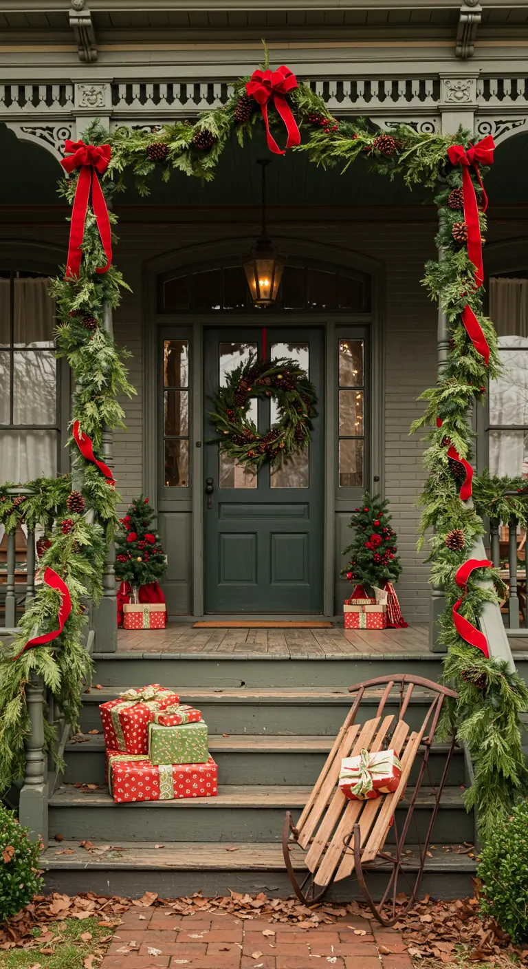 Porche de estilo victoriano con guirnaldas, regalos en los escalones y un trineo antiguo.