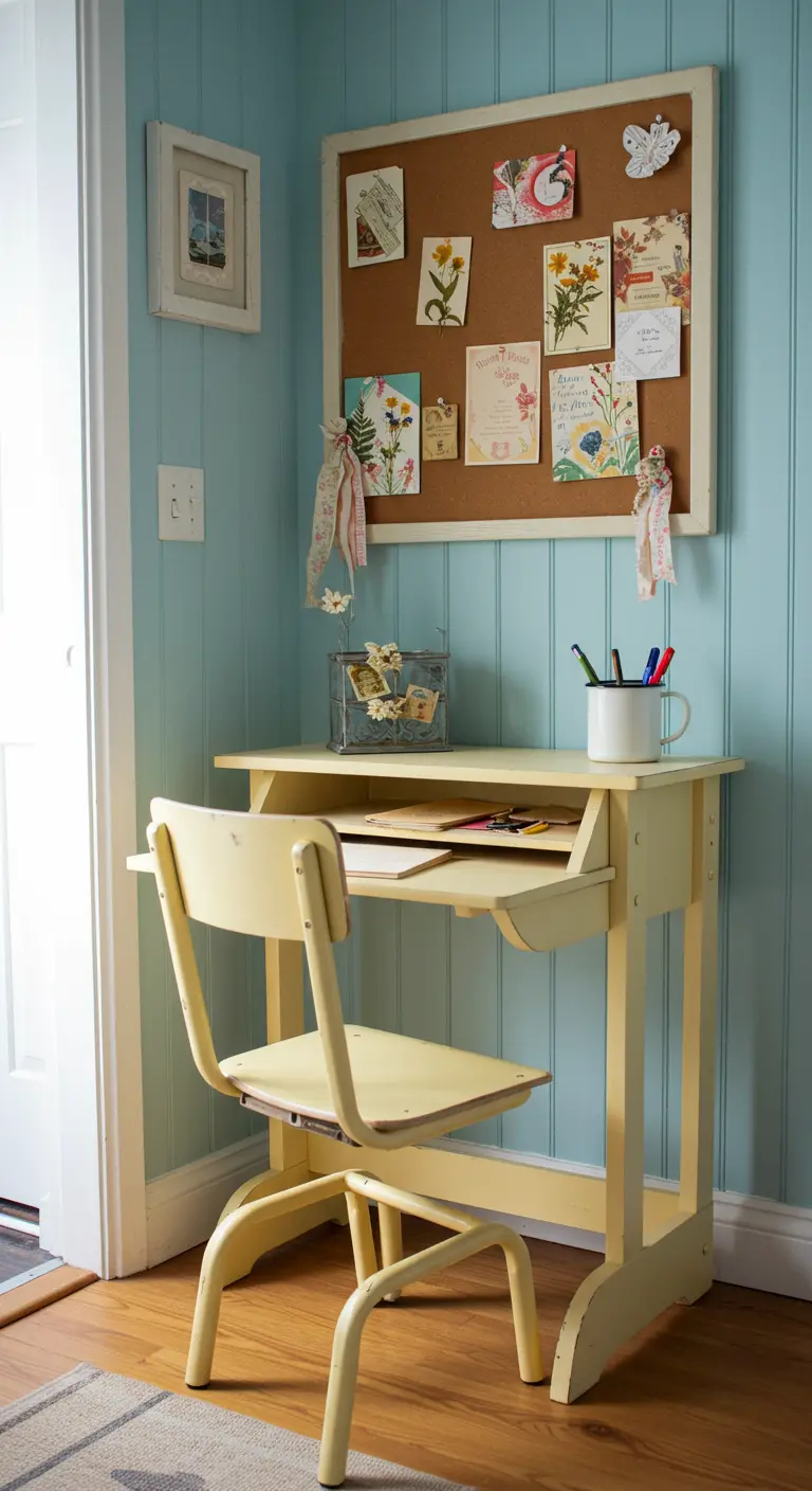 Pupitre escolar amarillo pastel en una habitación con paredes de listones de madera azul claro.