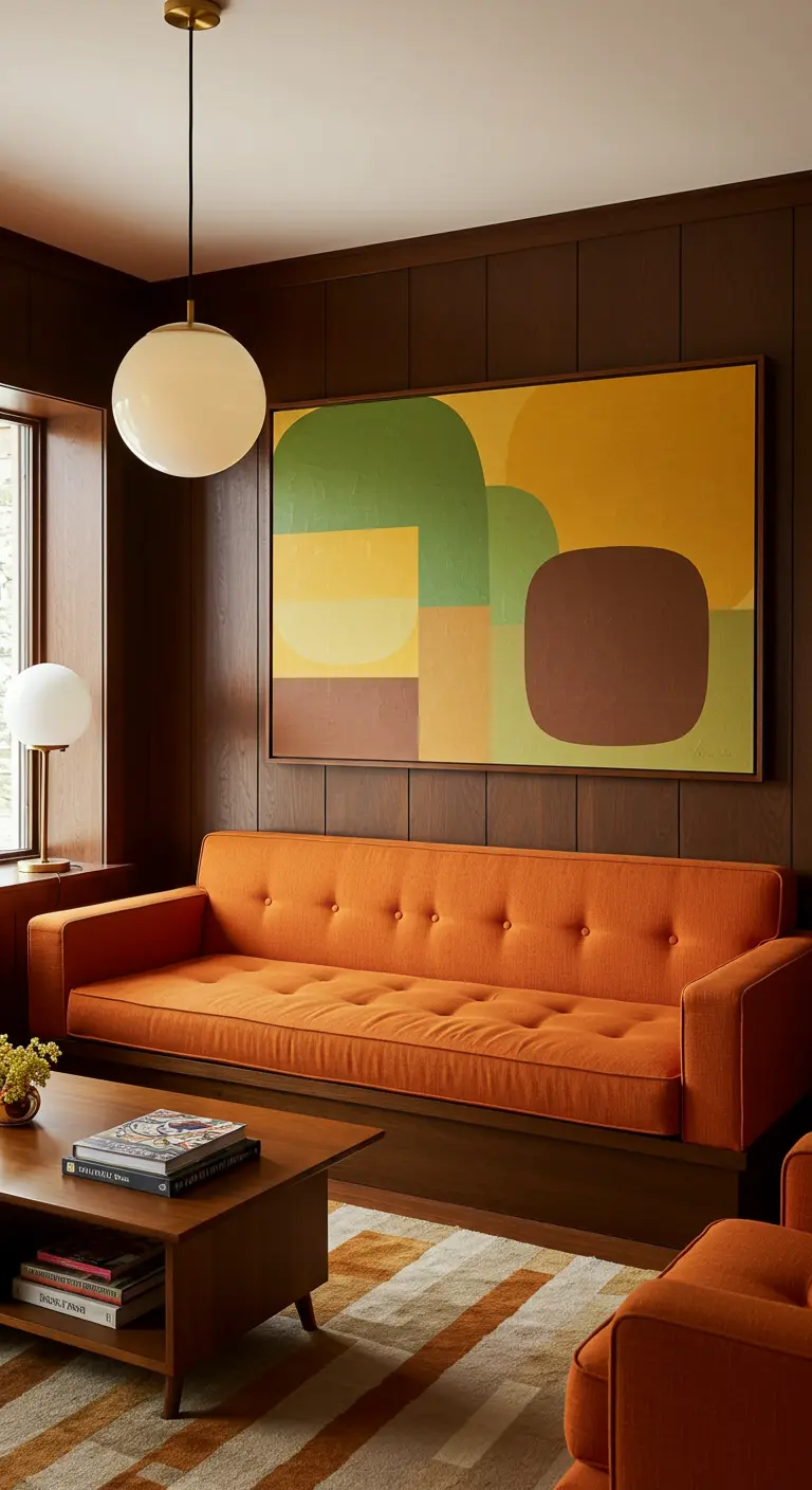 Sala de estar de estilo retro con paredes de madera, sofá naranja y cuadro geométrico.