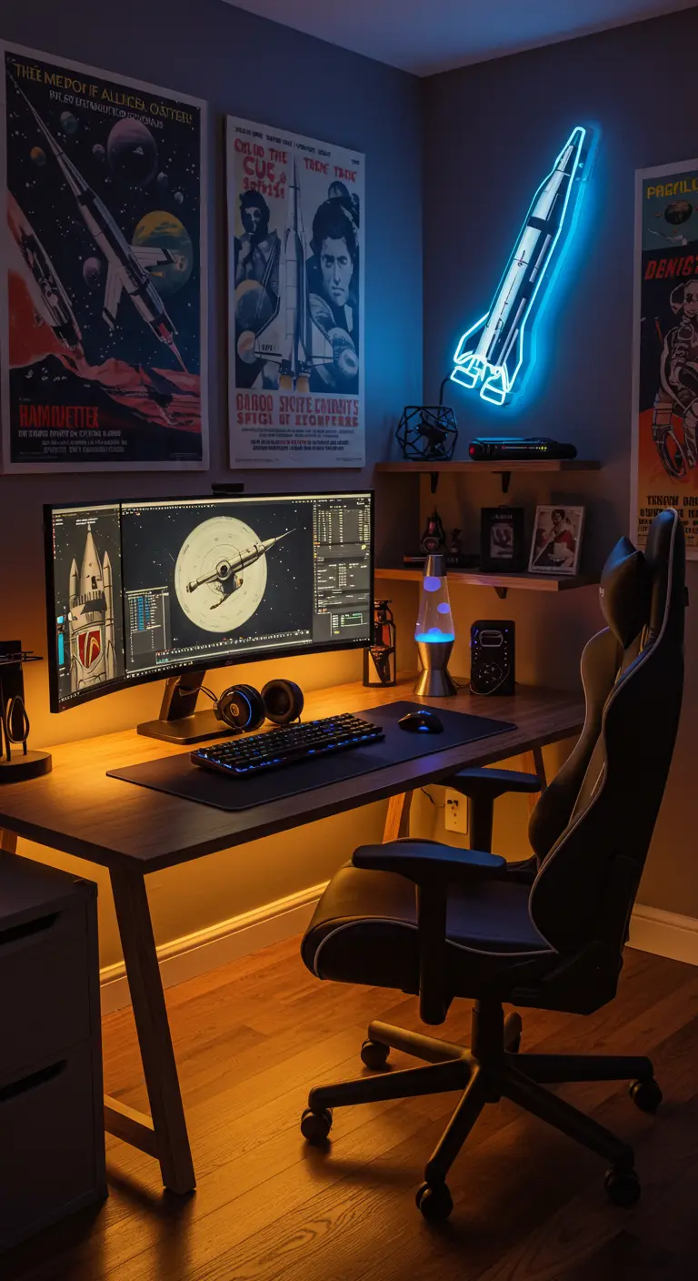 Espacio de juego con pósteres de ciencia ficción retro y una luz de neón en forma de cohete.