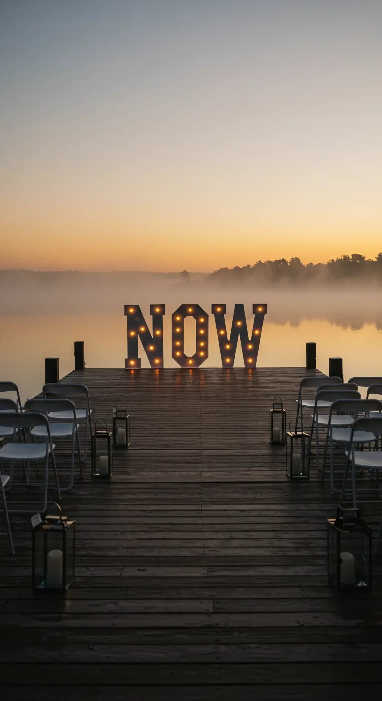 Letras luminosas que dicen NOW al final de un muelle durante un amanecer con niebla.