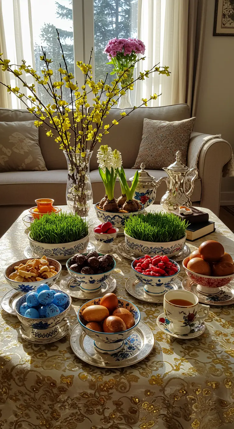 Mesa de Nowruz (Año Nuevo Persa) con brotes de trigo, huevos de colores y flores.