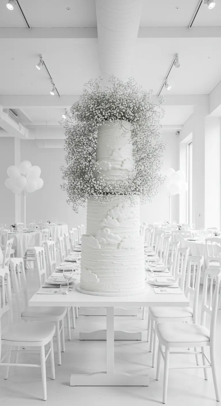 Pastel blanco muy alto rodeado de una nube de paniculata en un salón todo blanco.