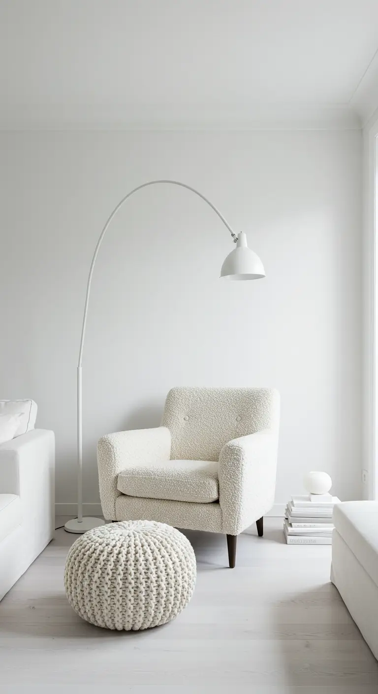 Rincón de lectura minimalista todo en blanco con un sillón bouclé y una lámpara de arco blanca.