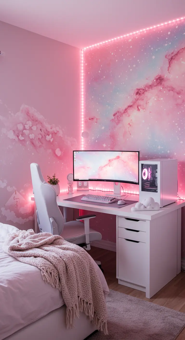 Habitación de gaming con un mural de nebulosa rosa y luces LED a juego.