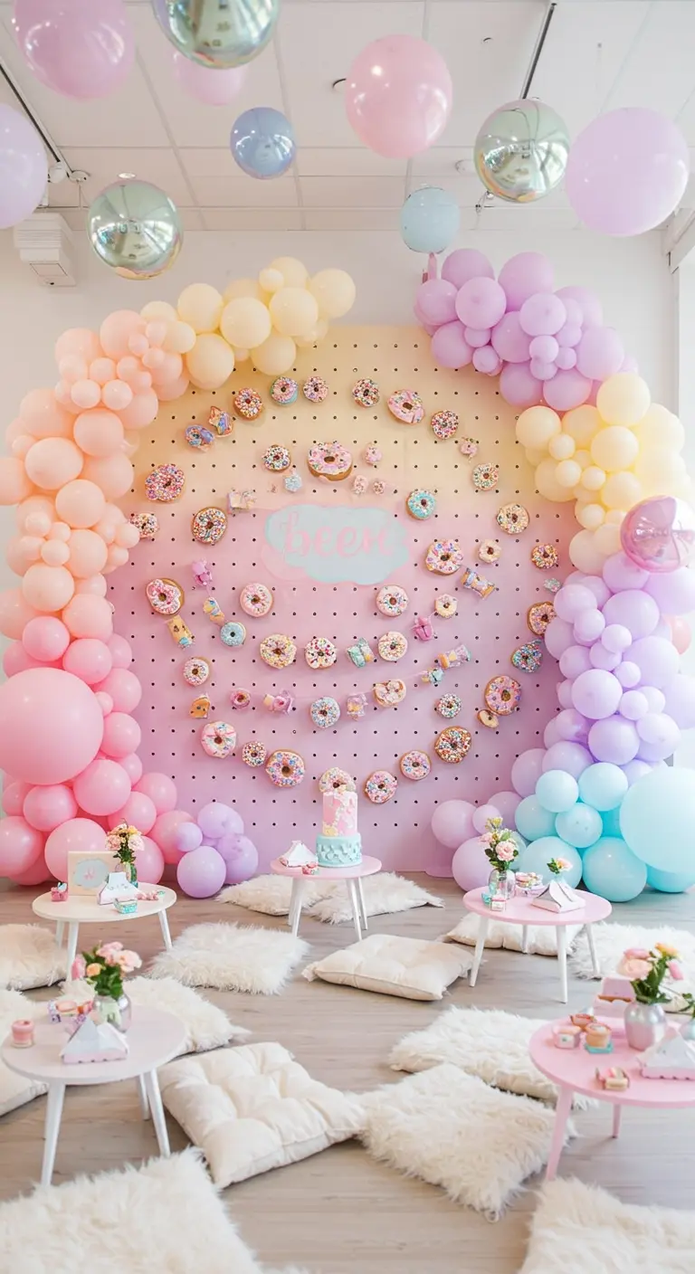 Pared de donuts rosa y pastel enmarcada por un arco de globos para una fiesta infantil.