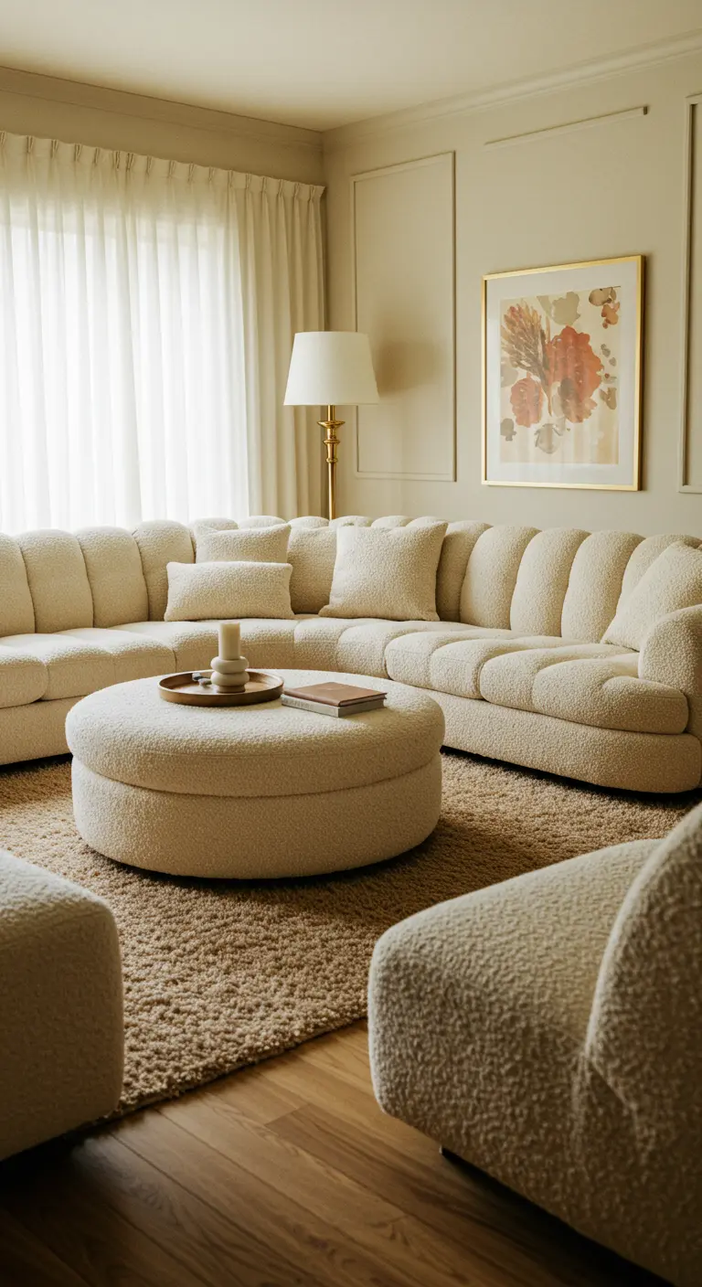 Sala de estar con un gran sofá modular de bouclé blanco y un puf central.