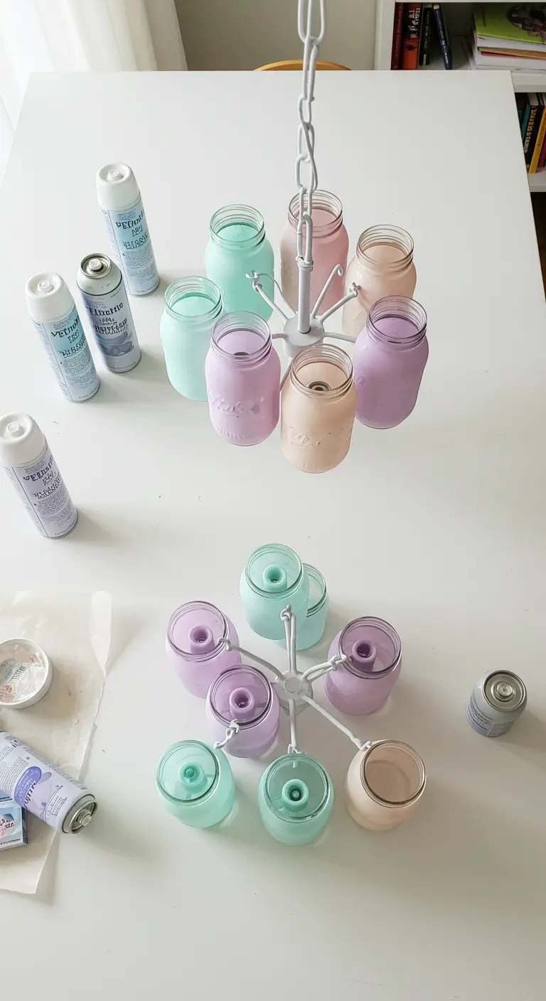 Frascos de vidrio pintados con aerosol en tonos pastel menta, lila y rosa para una lámpara.
