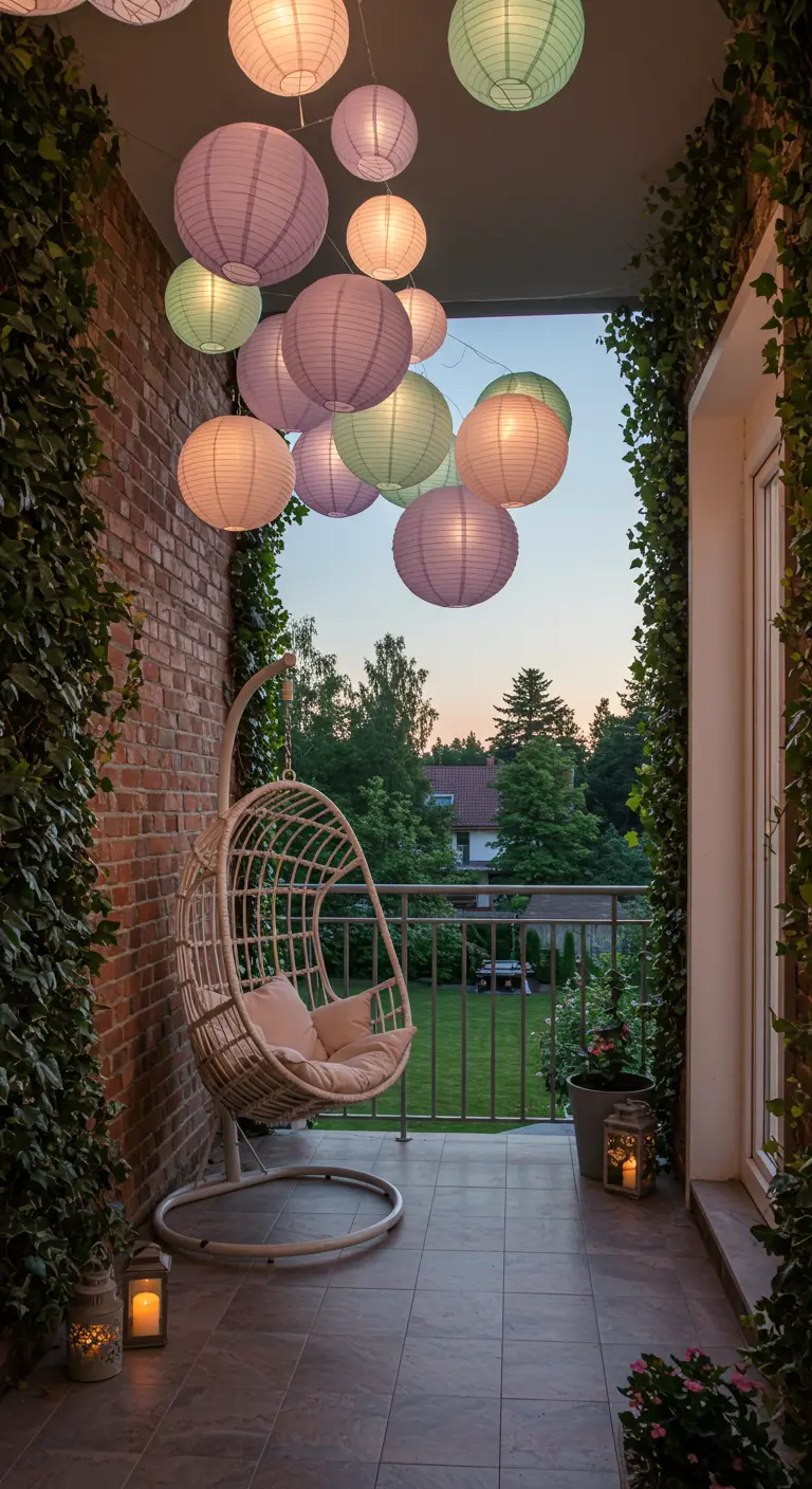 Rincón de balcón con sillón colgante bajo un cúmulo de lámparas de papel en tonos pastel