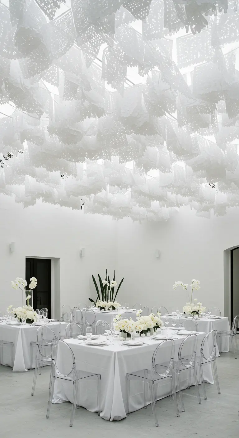 Salón de bodas minimalista con un techo completamente cubierto de papel picado blanco.