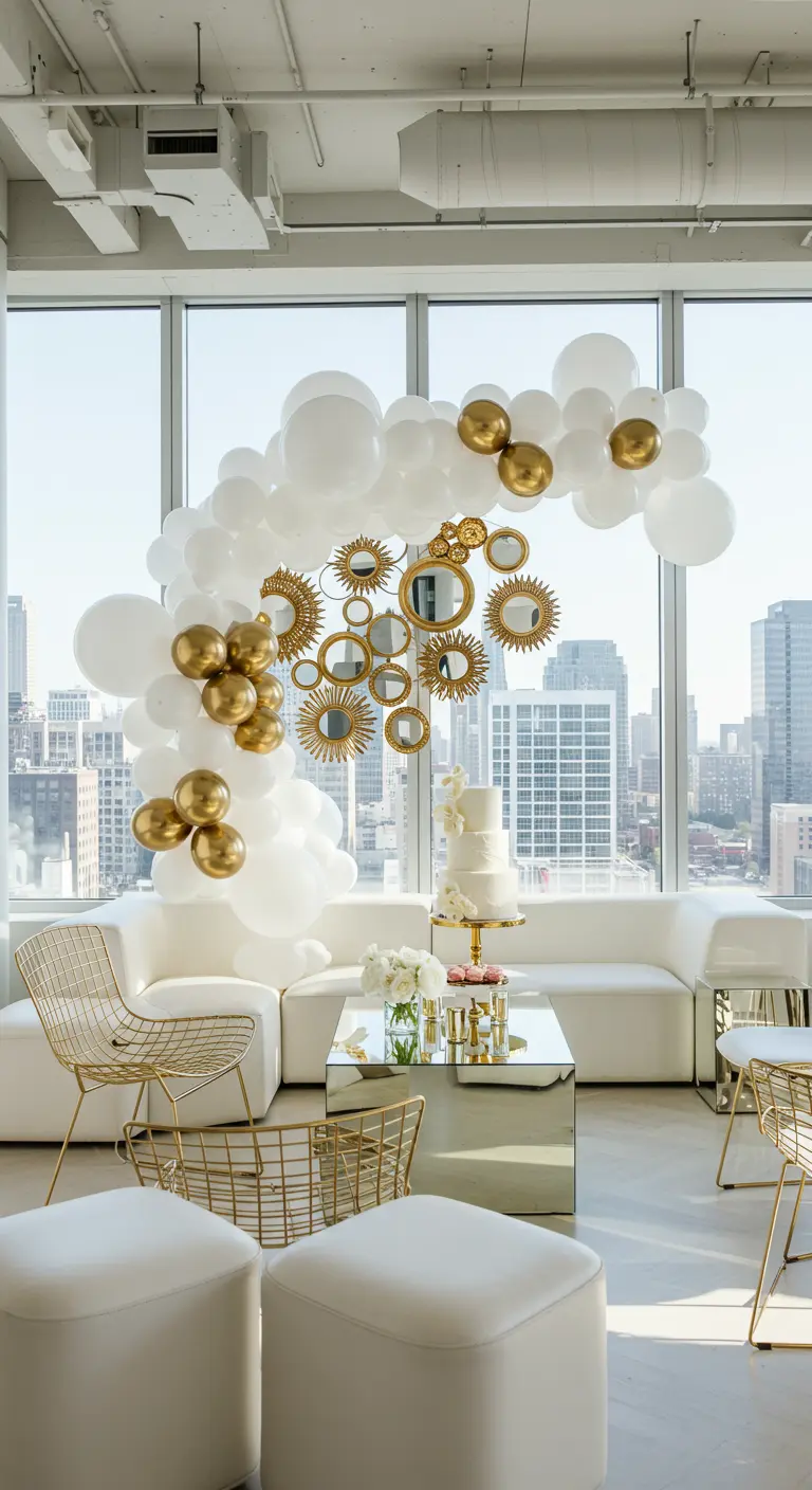 Arco de globos blancos y dorados con espejos en un salón moderno con vistas a la ciudad.