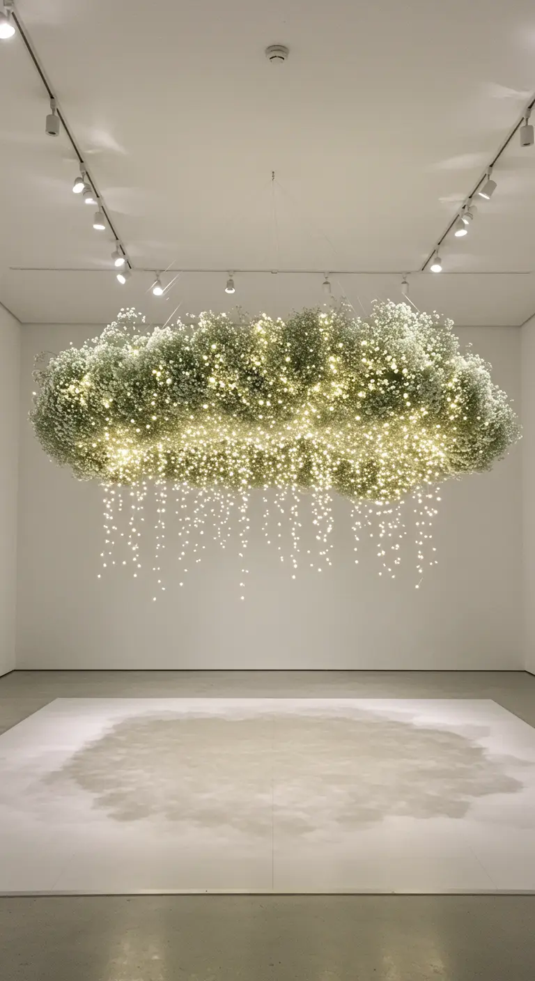 Instalación artística de una nube de flores blancas con luces de hadas que cuelgan.