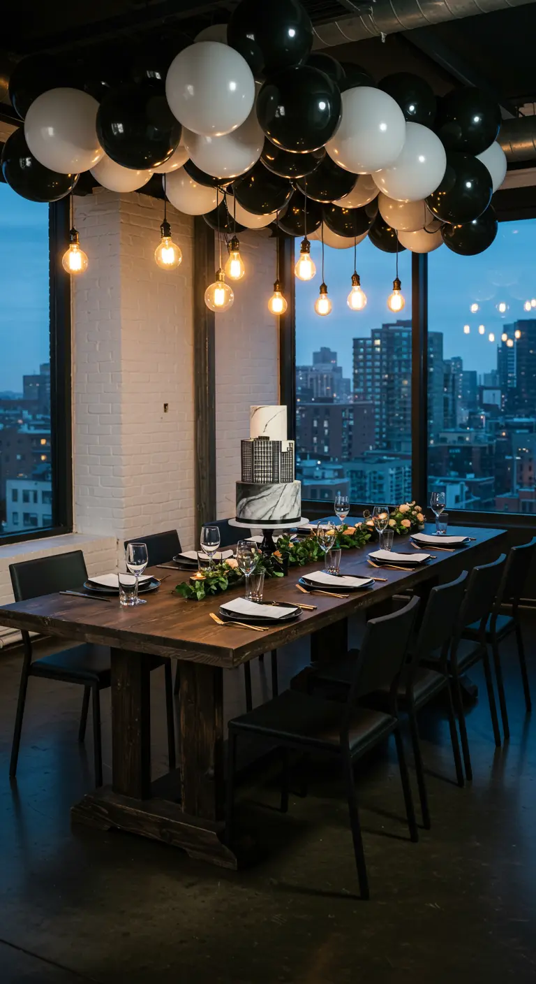 Cena elegante con una nube de globos blancos y negros sobre la mesa y vistas a la ciudad.