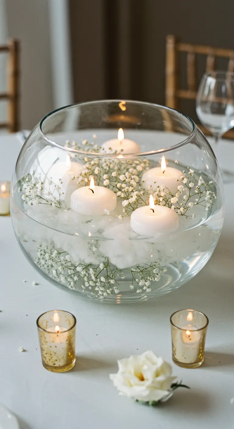 Bol de cristal grande lleno de agua y ramilletes de gypsophila con velas flotantes blancas.