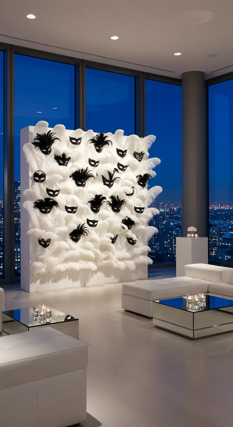 Pared blanca cubierta de plumas blancas con máscaras negras incrustadas, creando un fondo artístico.