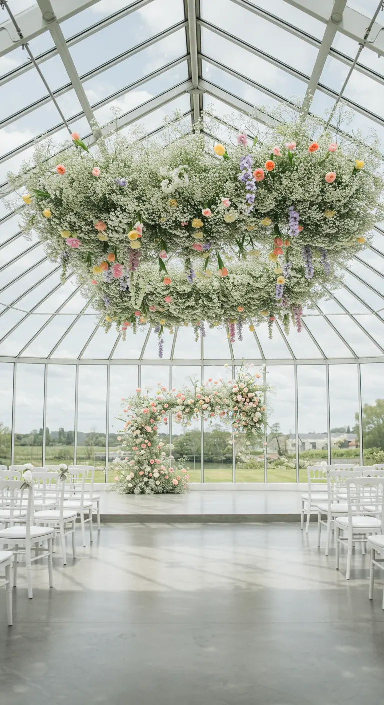 Invernadero con una enorme instalación floral circular colgante y un arco floral a juego.