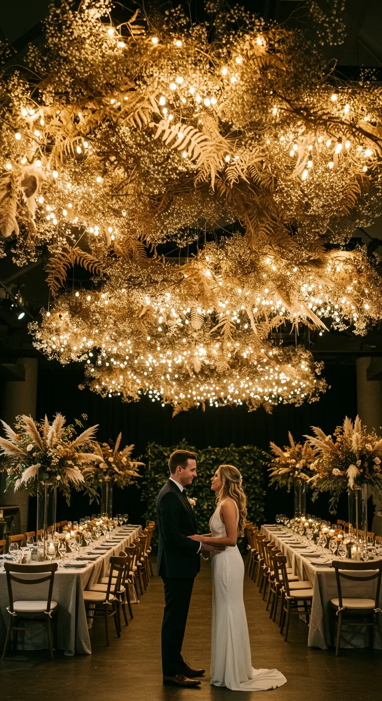 Pareja de novios bajo una gran instalación de flores secas y luces colgando del techo.