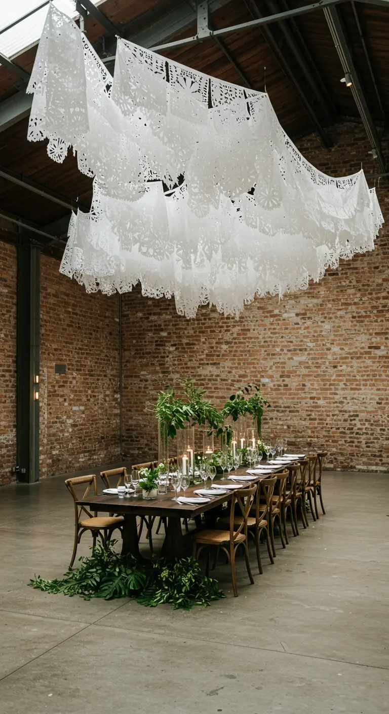 Instalación de papel picado blanco sobre una mesa de boda en un espacio industrial.