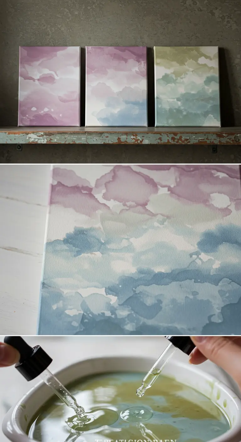 Tríptico de lienzos con efecto acuarela en tonos pastel; se muestra el proceso con un gotero.