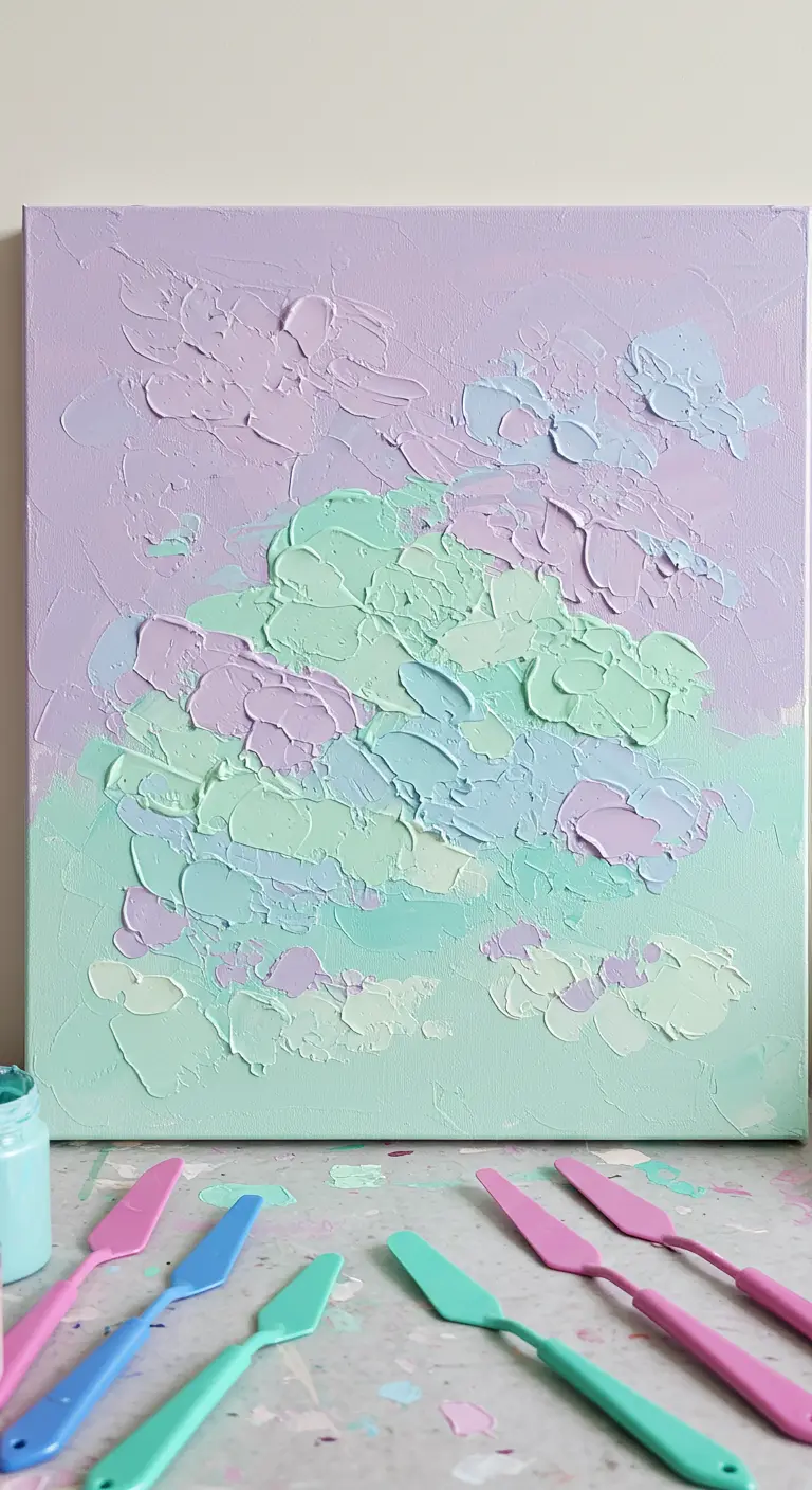 Cuadro abstracto en tonos pastel con espátulas de colores.
