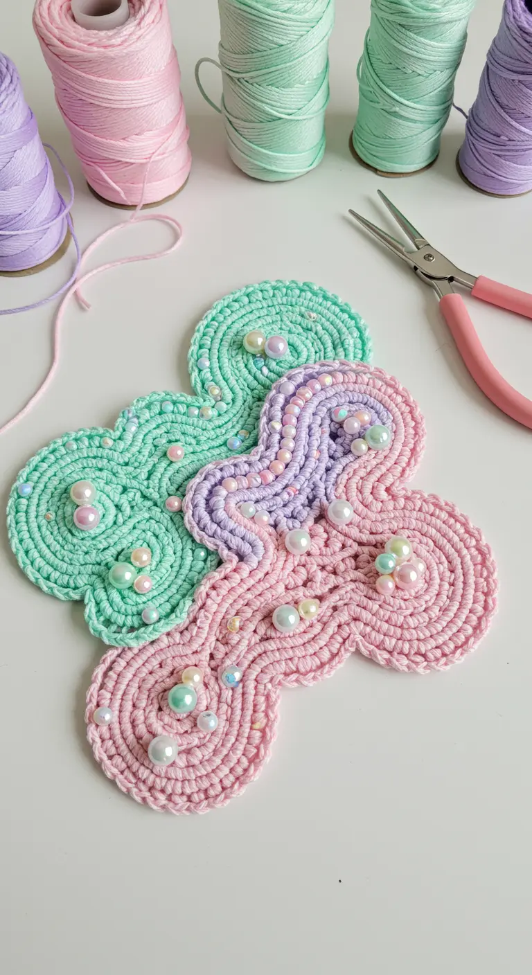 Formas de macramé tejidas en crochet en colores pastel con perlas.