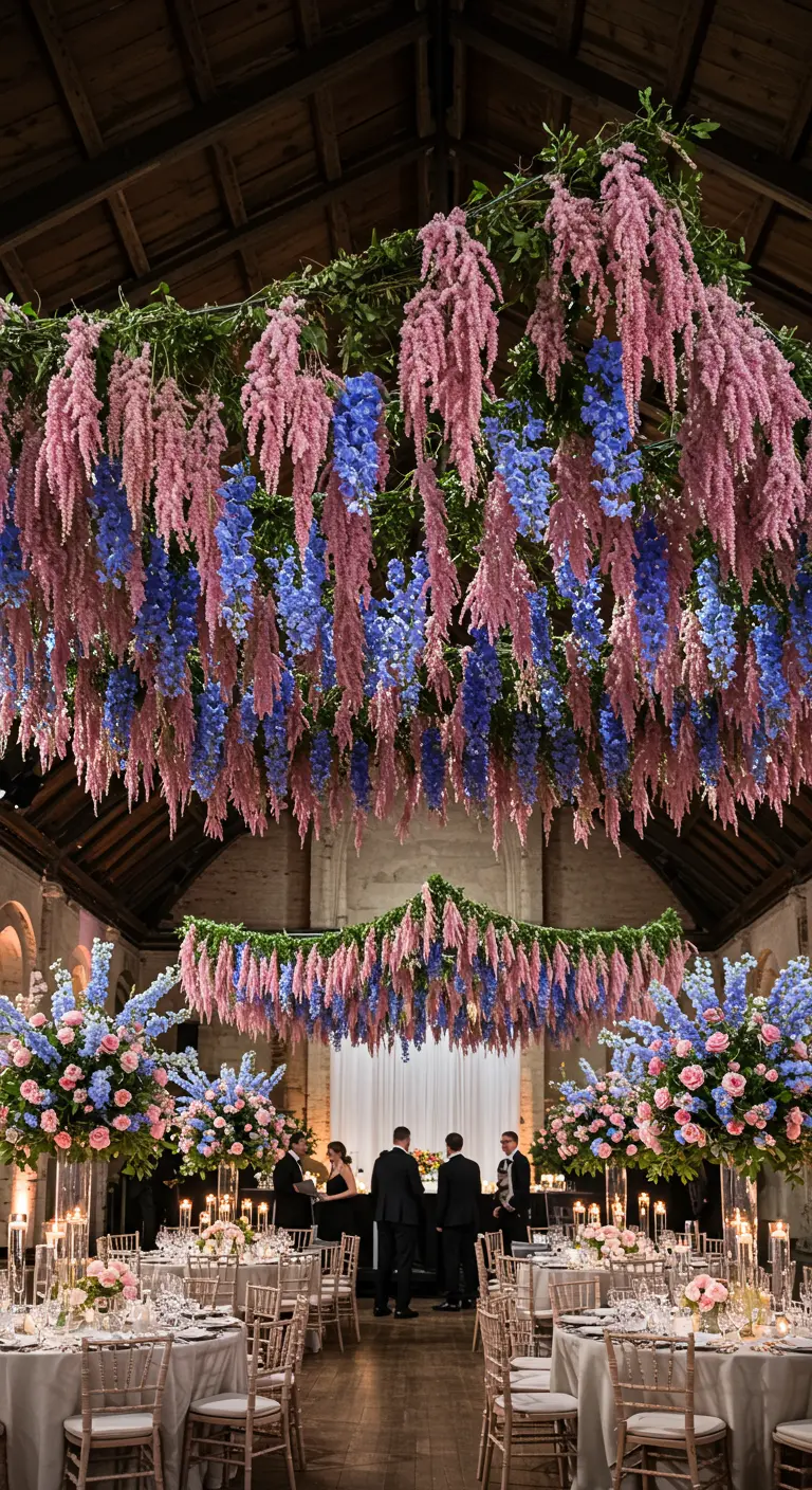 Instalación de techo masiva con flores colgantes rosas y azules sobre mesas de fiesta.