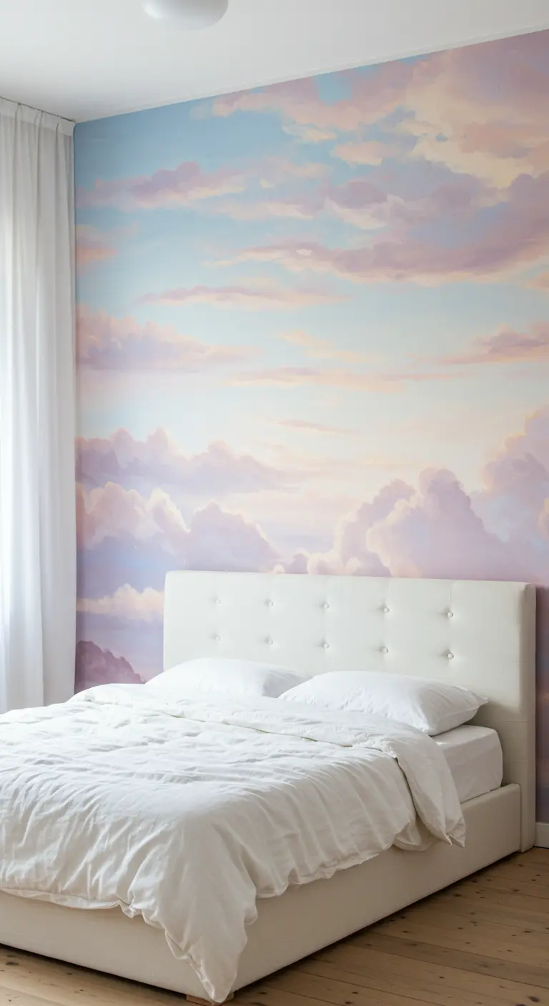 Mural de un cielo con nubes en tonos pastel en un dormitorio luminoso y blanco.