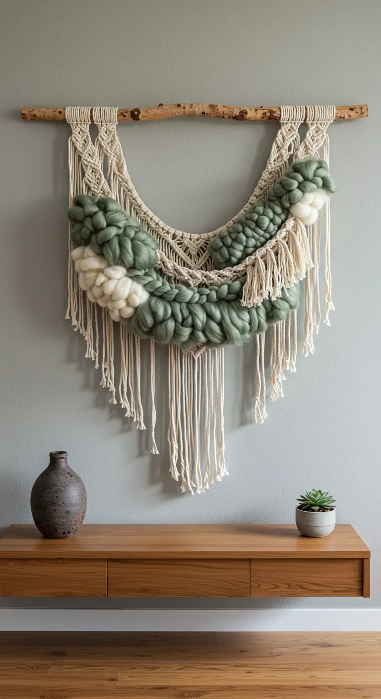 Tapiz de macramé con lana de merino gruesa en tonos verde salvia y blanco.