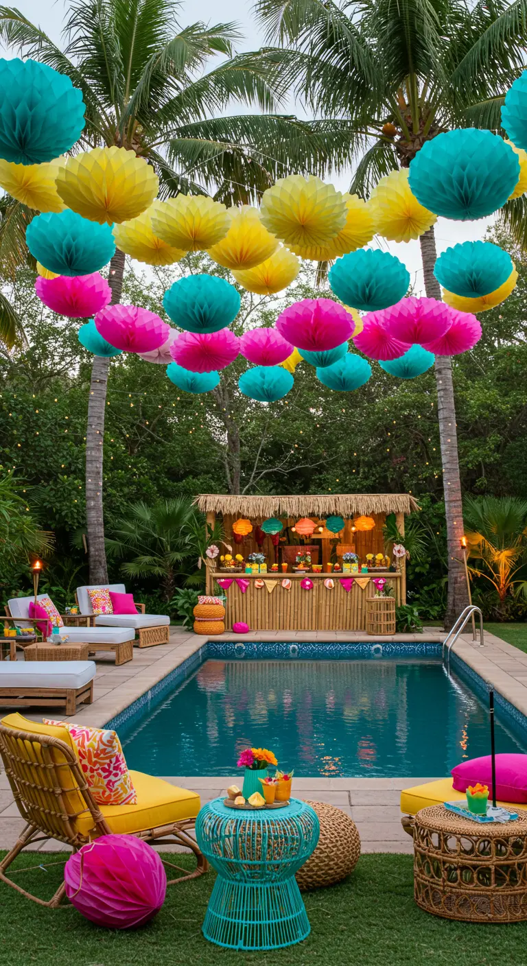 Piscina rodeada de palmeras con pompones de papel de colores colgando sobre ella.