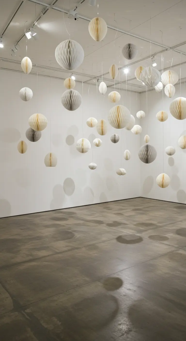 Bolas de nido de abeja de papel en tonos neutros colgando del techo de una galería de arte.