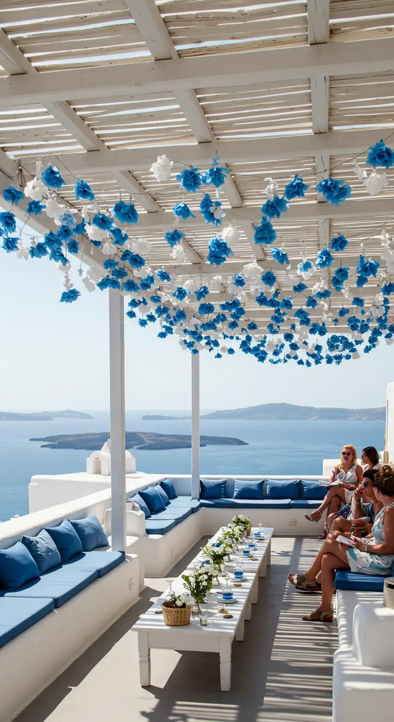 Terraza encalada en Grecia con un techo de flores de papel azules y blancas y vistas al mar.