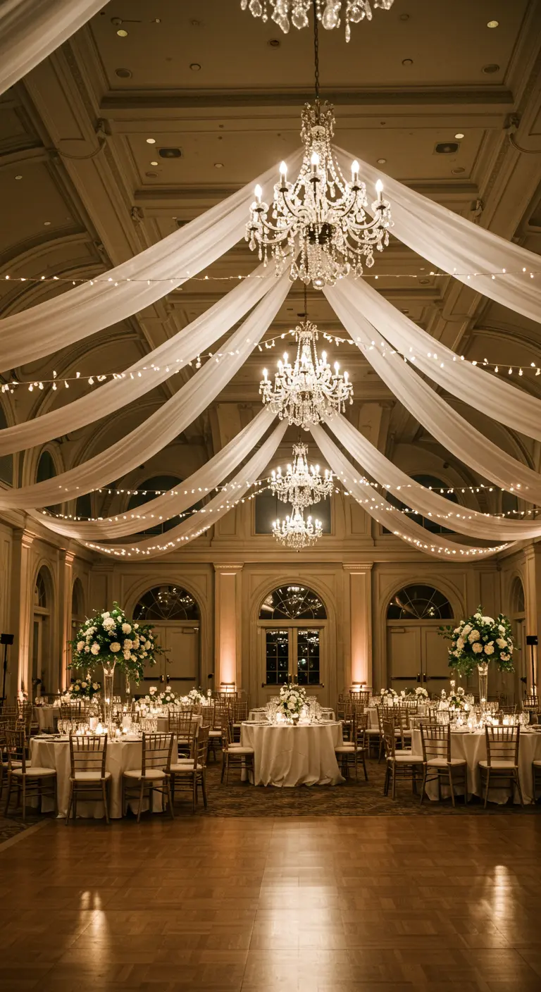 Salón de baile elegante con telas blancas y luces de hadas colgando del techo.