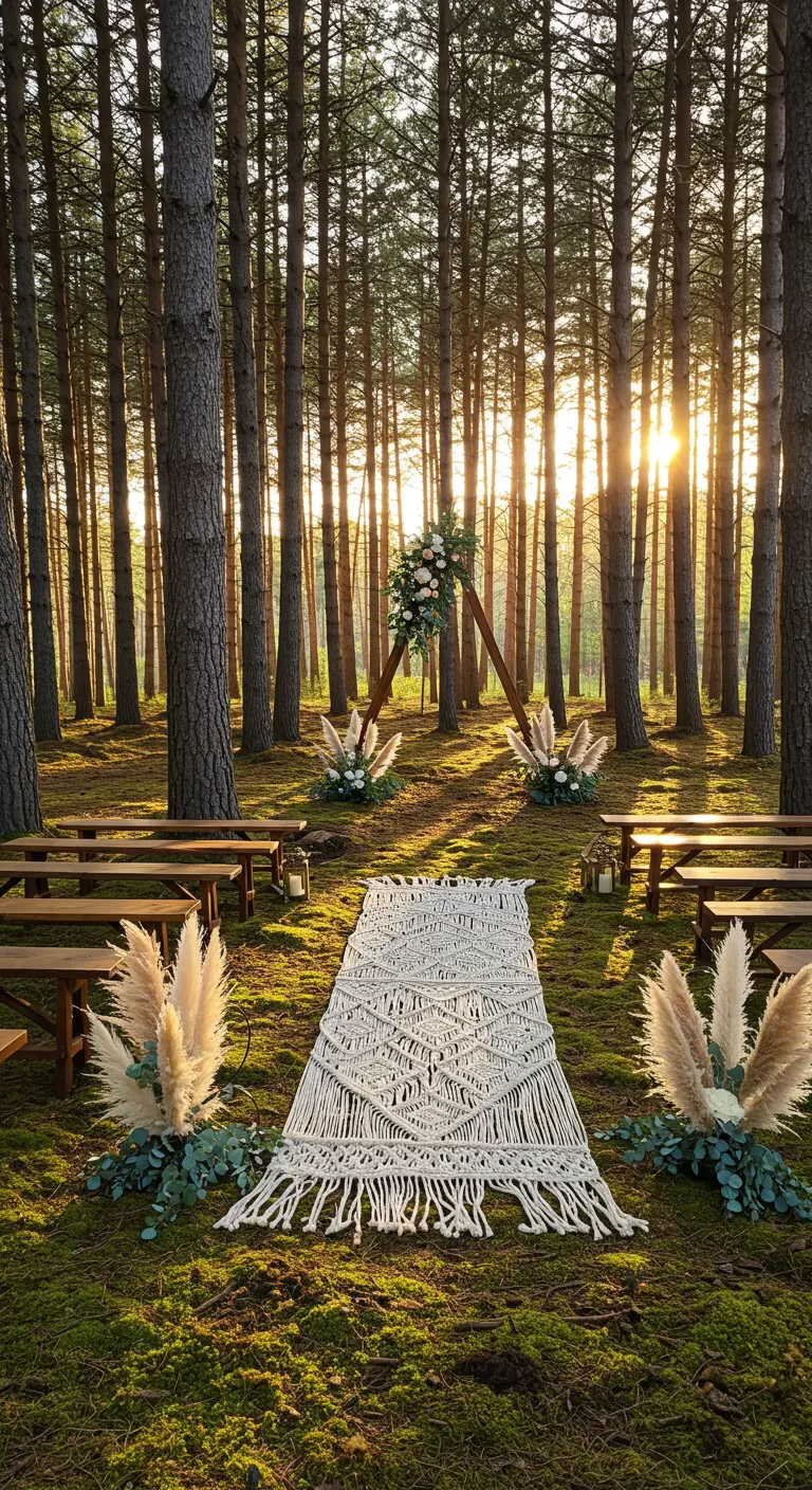 Camino de macramé blanco en un pasillo de boda en el bosque al atardecer.