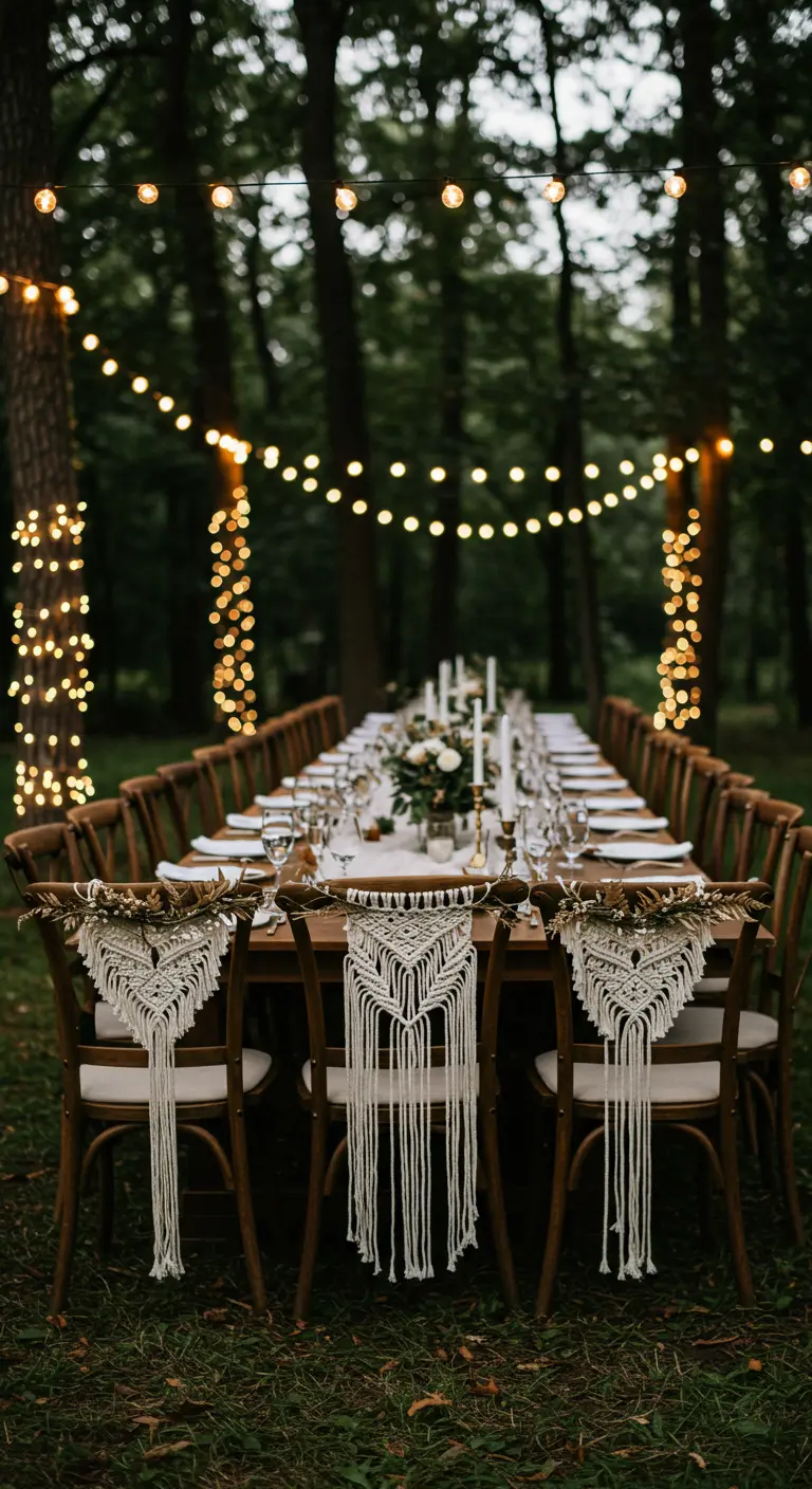 Sillas de madera en un bosque con decoraciones de macramé blanco y luces colgantes.