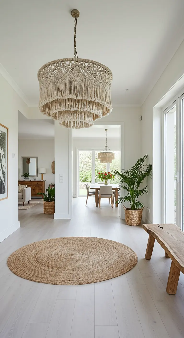 Lámpara de araña de macramé de varios pisos en un recibidor luminoso de estilo bohemio.