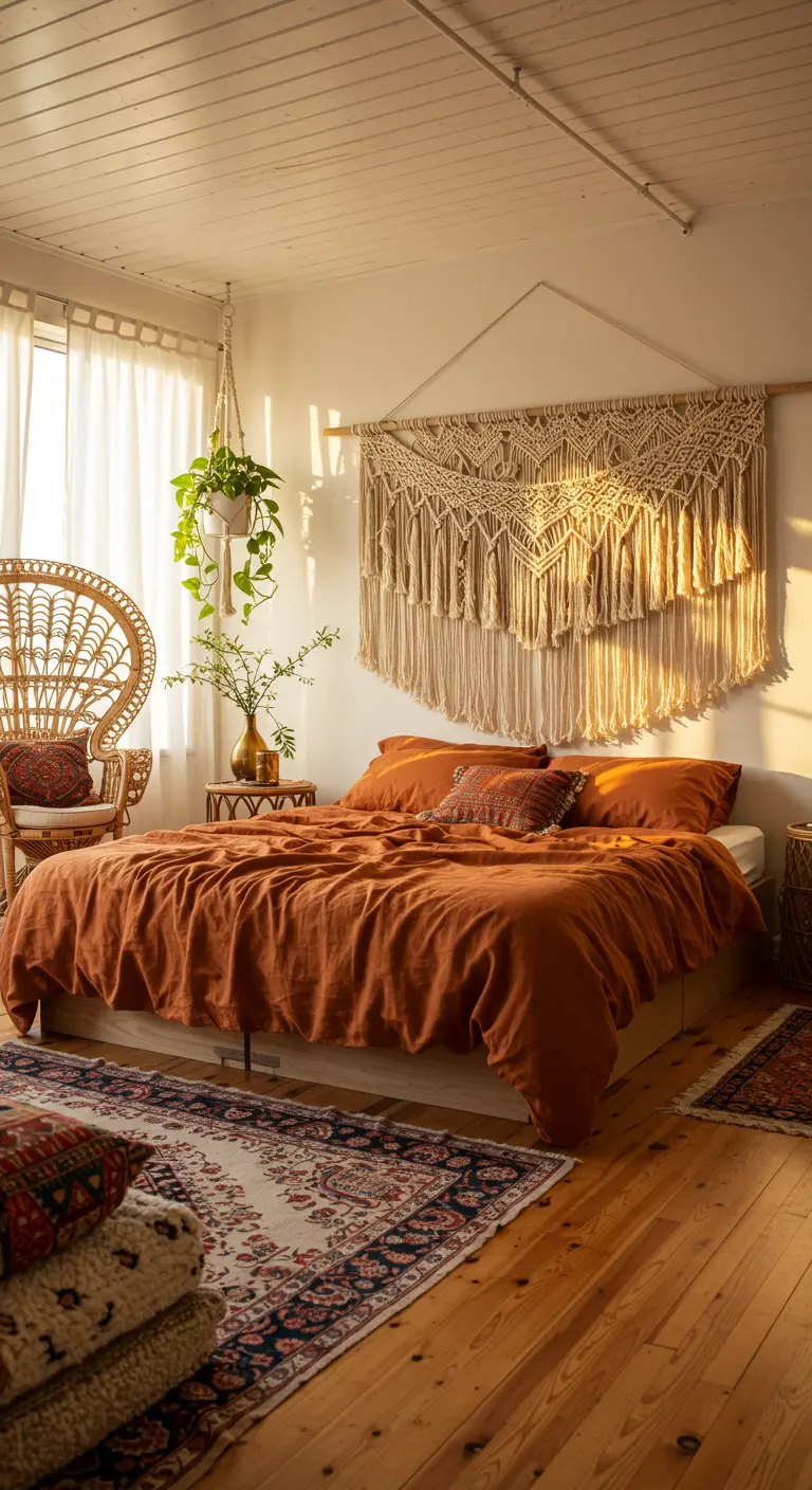 Gran tapiz de macramé colgado sobre una cama con ropa de cama en tonos terracota en un dormitorio boho