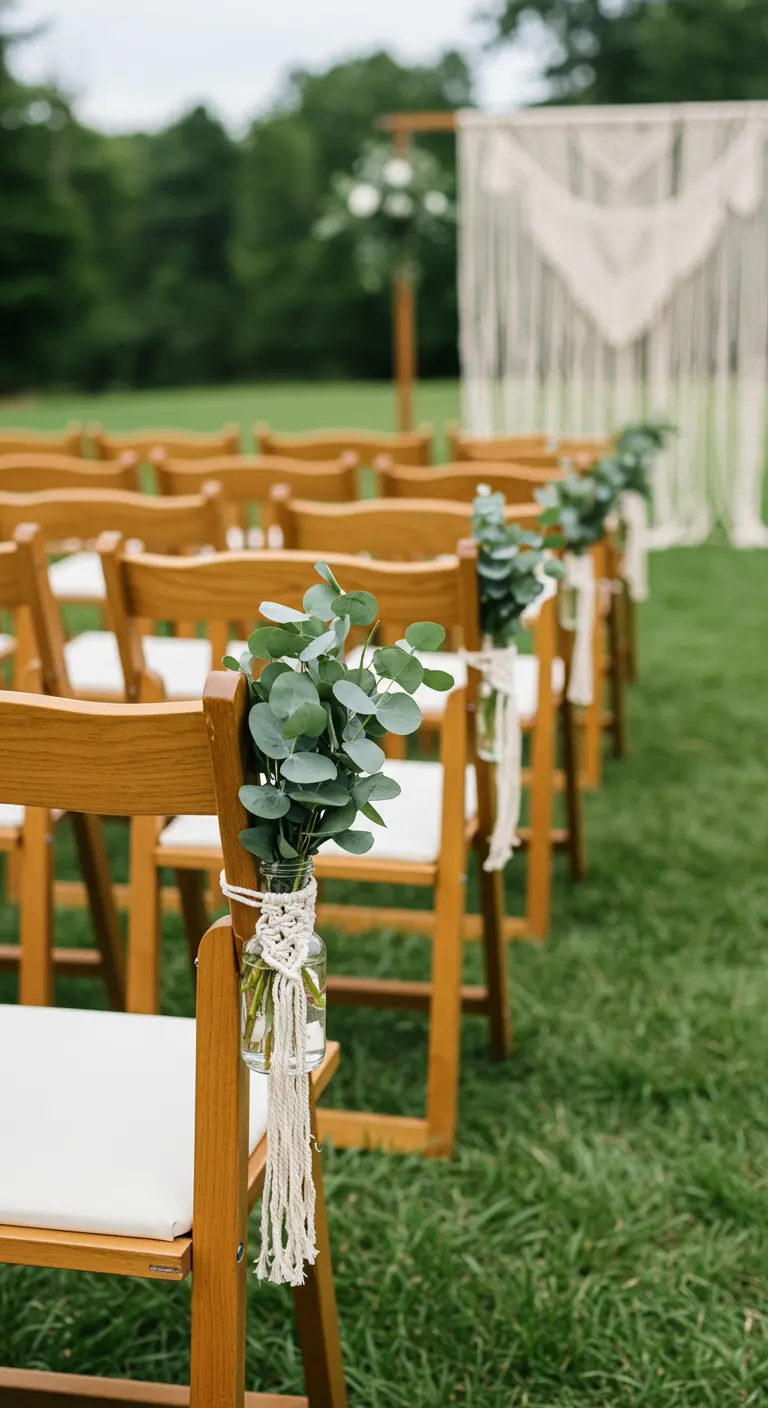 Sillas de madera plegables con frascos de cristal colgando en soportes de macramé, con eucalipto dentro.