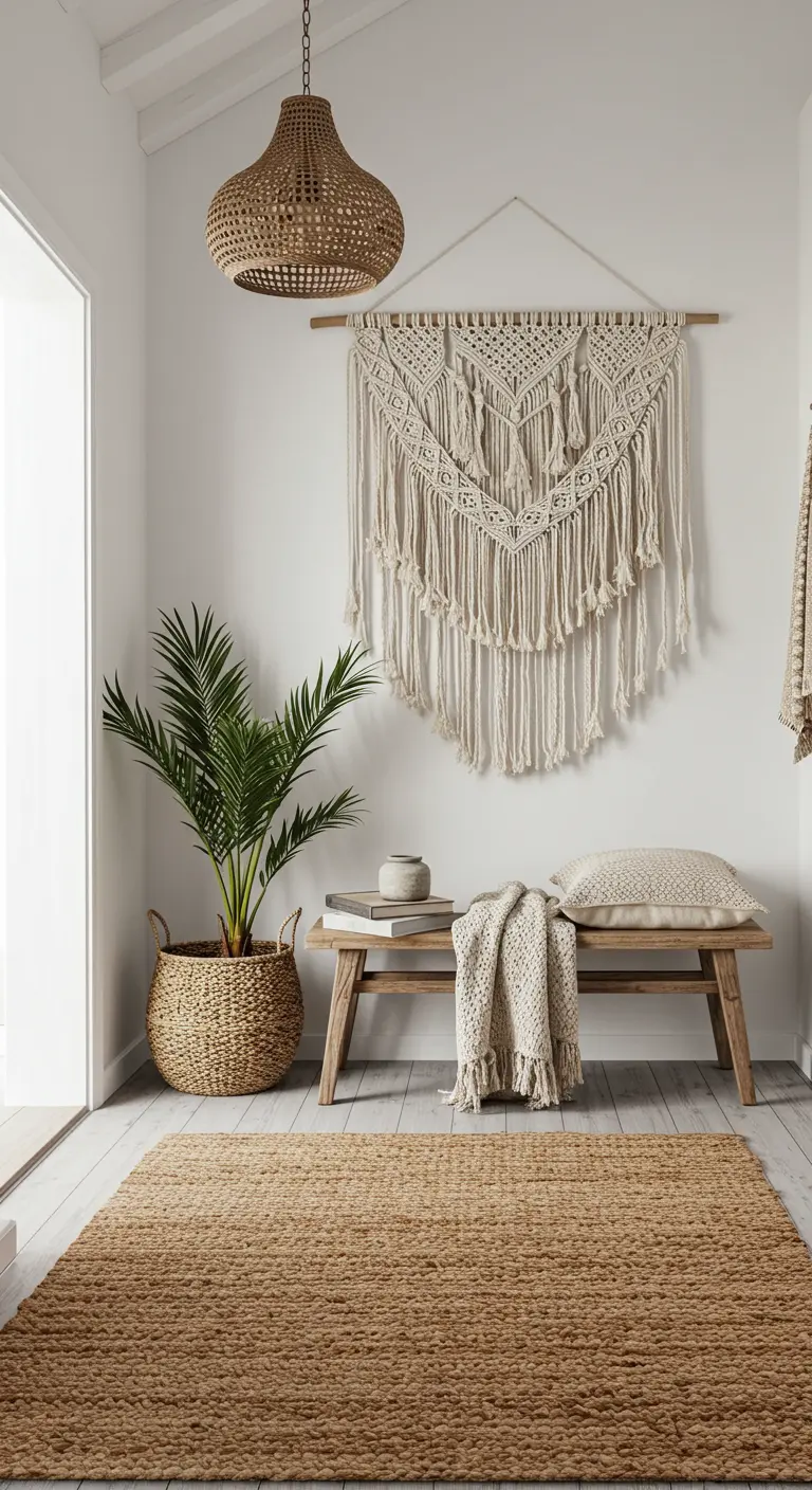 Entrada de estilo boho con un gran tapiz de macramé, banco de madera y alfombra de yute.