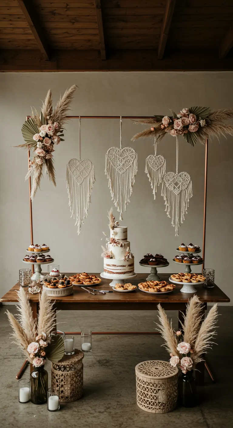 Mesa de postres de boda bohemia con corazones de macramé colgando de un arco de cobre.