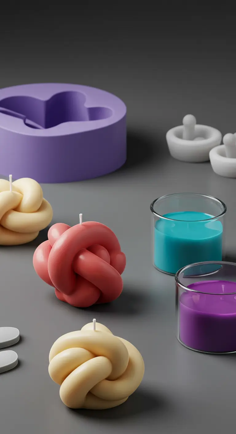 Velas caseras con forma de nudo en colores llamativos como rojo y amarillo, junto a sus moldes