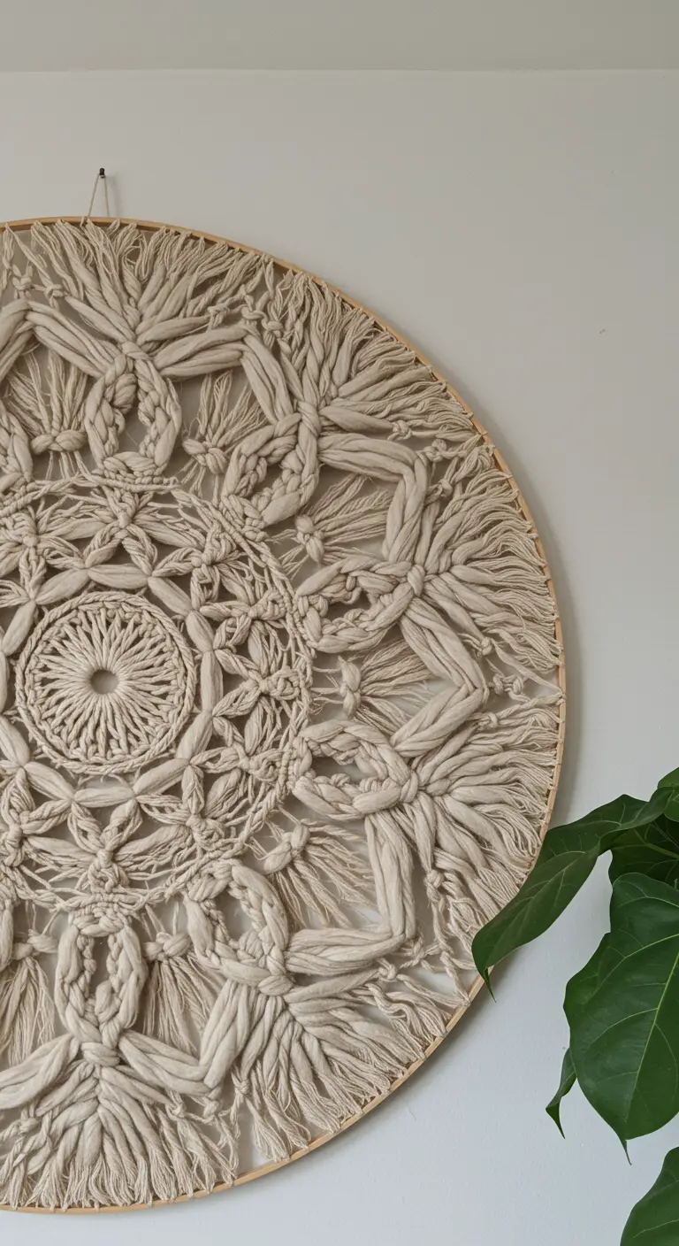 Detalle de un mandala de macramé hecho con cuerda muy gruesa, mostrando nudos grandes y texturizados.