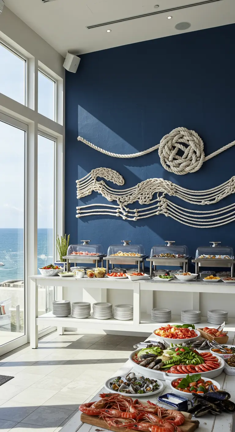 Pared azul con arte de cuerdas blancas formando olas y nudos marineros sobre una mesa de bufé.