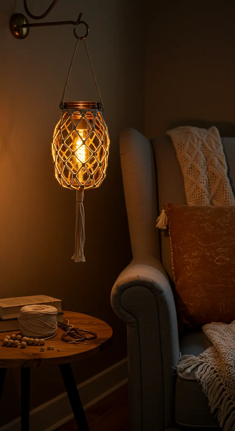 Lámpara de frasco de vidrio ámbar cubierta con una red de macramé, emitiendo una luz cálida.