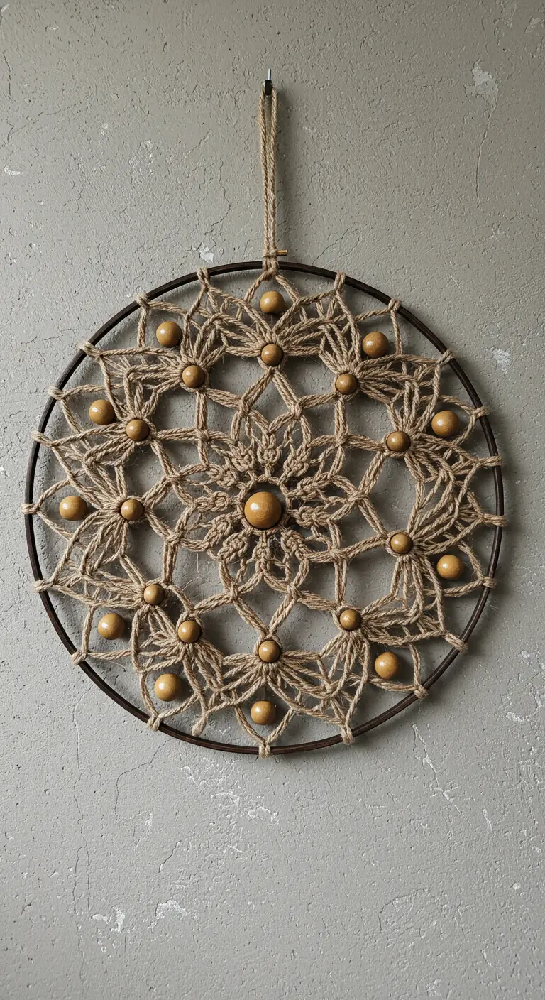 Mandala de macramé hecho con cuerda de yute y cuentas de madera sobre una pared de cemento.