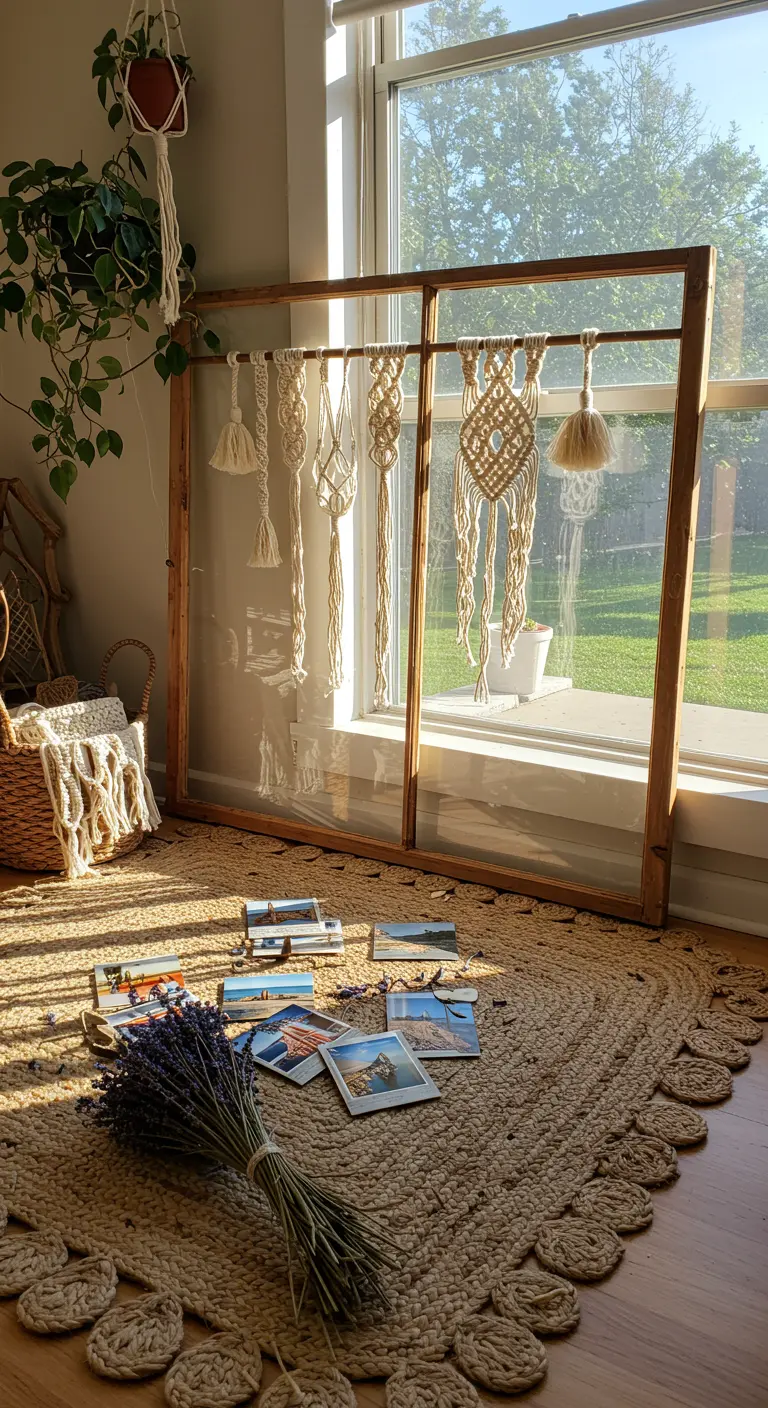 Marco de ventana de madera decorado con tapices de macramé y postales de viajes.