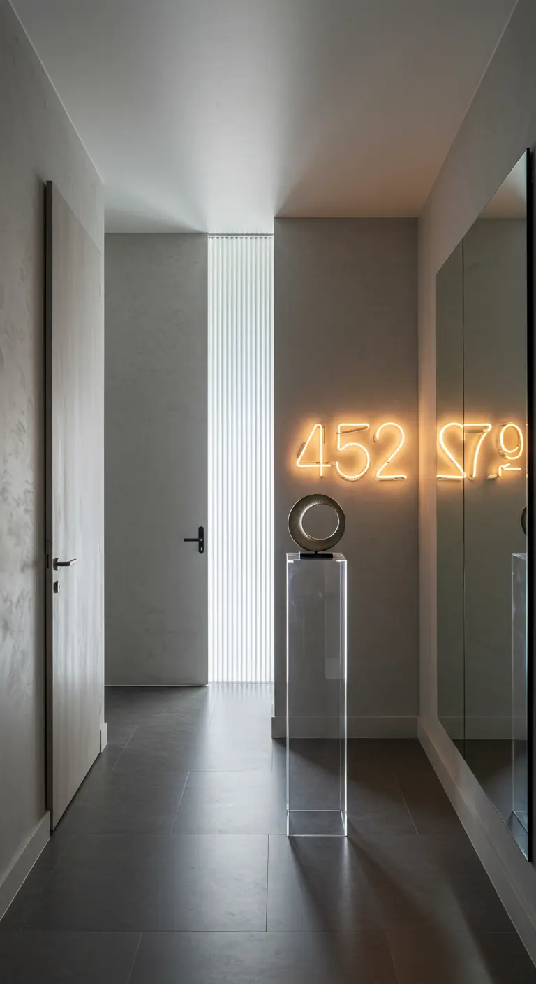 Pasillo minimalista con el número de la casa en luces de neón sobre un pedestal de acrílico.